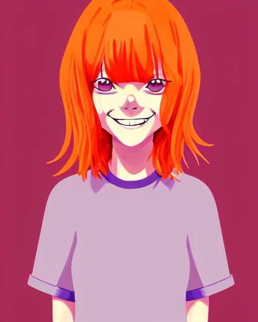 Image similar to beautiful anime girl full body Emma Stone, orange glowing hair, sarcastic smiling, clear clean face, symmetrical face, blurry background, face by Ilya Kushinov style, painterly style, flat illustration