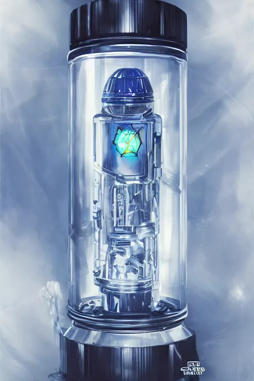 Image similar to concept art of a rolex - star wars white iridescent liquid dietary supplement in a transparent bottle with big black sticker on it by aenaluck, artgerm and roberto ferri and greg rutkowski, blue and white tones, digital painting, artstation, concept art, smooth, sharp foccus ilustration hq