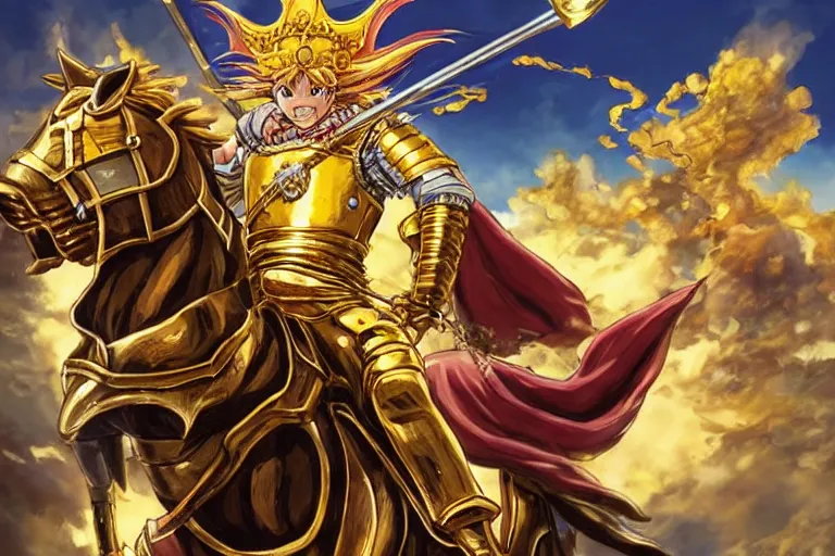 Image similar to an ultra detailed portrait of king richard the lionhearted as a shonen anime protagonist charging into battle wearing bright gold armor and riding a horse bless by god, 8 k, volumetric lighting, smooth, highly detailed, digital illustration, art by kentaro miura and akira toriyama and artgerm