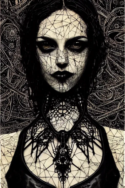 Image similar to dreamy gothic girl, black leather slim clothes, dark necklace, beautiful woman body, detailed acrylic, grunge, intricate complexity, by dan mumford and by alberto giacometti, peter lindbergh