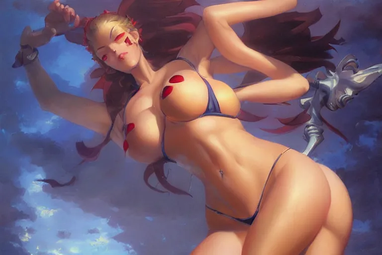 Image similar to A beautiful oil painting of a pretty anime girl in bikini, by Lucas Graciano, Frank Frazetta, Greg Rutkowski, Boris Vallejo, epic, fantasy, character art, high fantasy