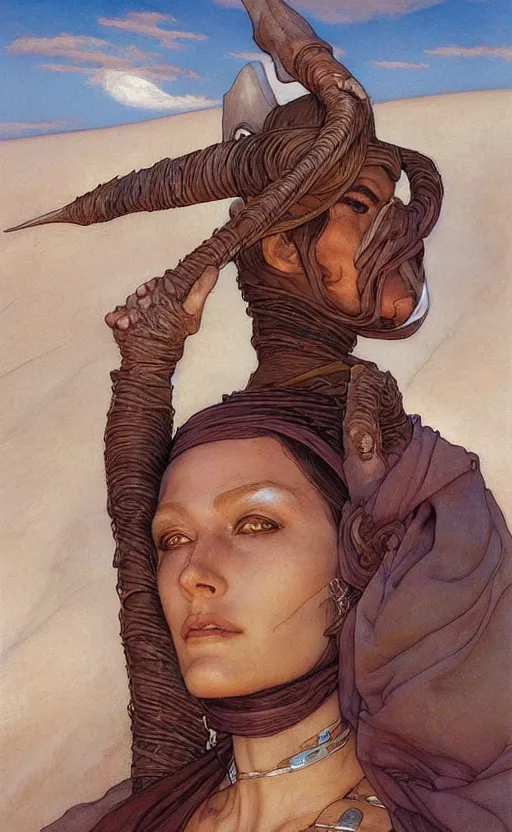 Image similar to beautiful female fremen on dune, by edgar maxence artgerm ross tran and michael whelan and gustav klimpt