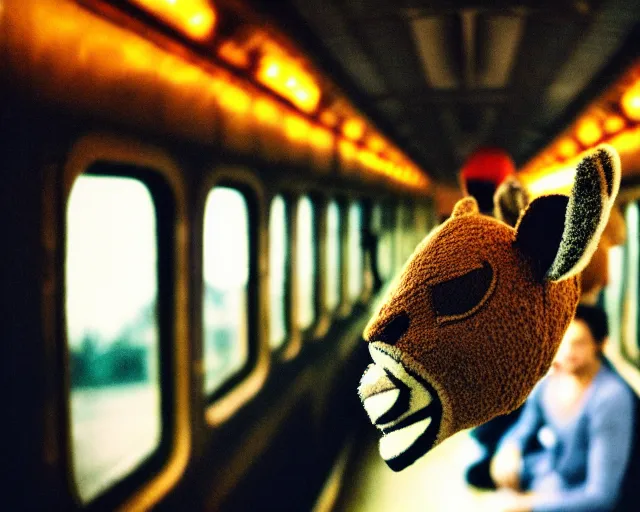 Image similar to a lomography photo of rumble between two human with deer head in soviet train this morning, bokeh,