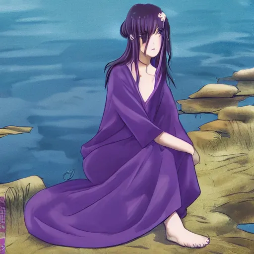 Prompt: elegant princess sitting by a lake, purple eyes, anime style, award winning art