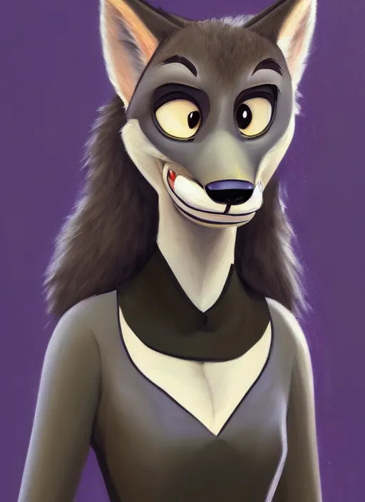 Image similar to oil painting of anthromorphic female wolf, in style of zootopia, female fursona, furry, furaffinity, 4 k, deviantart, furry art, fursona art, wearing black business suit, business suit, wolf fursona, female, very expressive detailed feminine face,