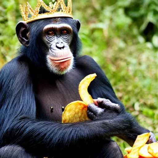 Prompt: chimpanzee with crown eating cheesy garlic chips
