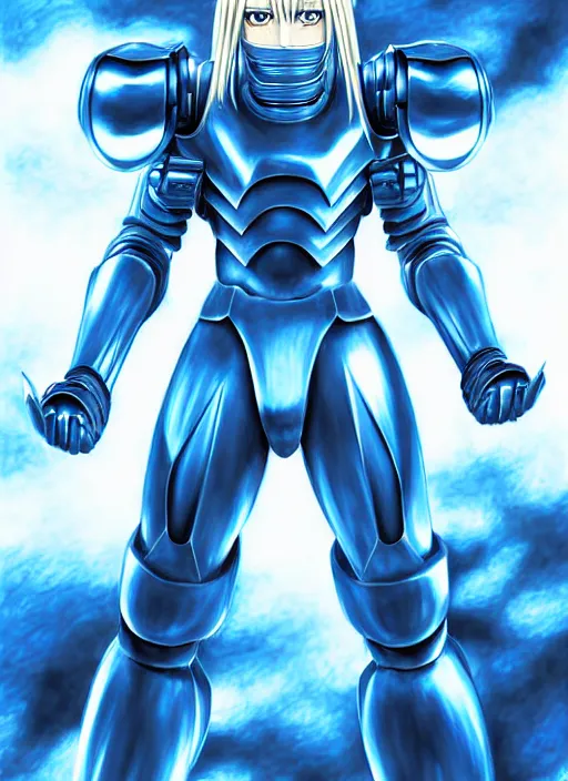 Image similar to a detailed manga full body portrait illustration of a man with long blonde hair and blue eyes wearing a sci - fi battle suit by hirohiko araki, detailed artwork, realism, 4 k resolution, detailed, high quality, sharp focus, hq artwork, insane detail, volumetric lighting, character concept art, fine details, clear subject, central subject