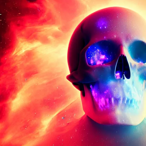 Prompt: dramatic render of a dissolving skull flying through a space nebula, cgsociety, artstation, 4k