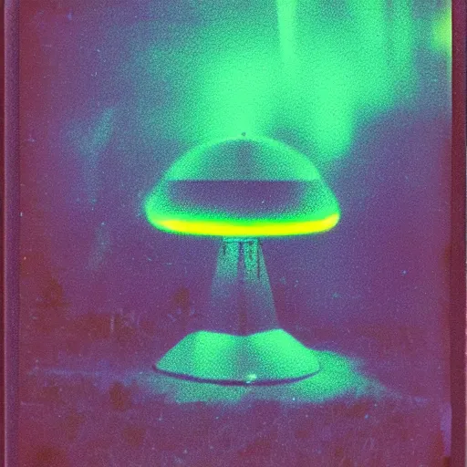 Image similar to a ufo with glowing lights flying over a forest at night, old polaroid, expired film,