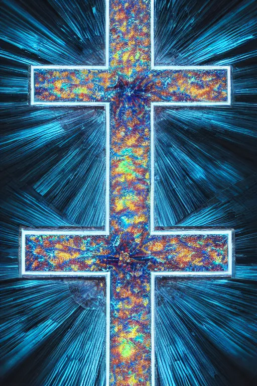 Image similar to a crystalline 3 d mandelbulb fractal in the shape of a christian cross, bioluminescent opal, fractal, magnificent lighting, ethereal, ray tracing, octane, holographic