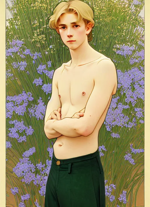 Image similar to pretty young man with shoulder length blond hair, male, half body shot, path traced, highly detailed, high quality, digital painting, by studio ghibli and alphonse mucha, leesha hannigan, hidari, art nouveau, chiho aoshima, jules bastien - lepage