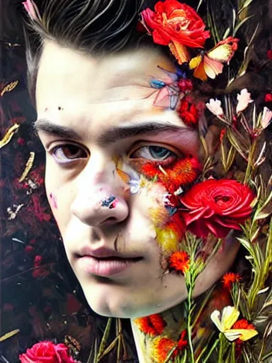 Prompt: portrait of a man, with a floral background painted by artgerm, karol bak, artur bordalo, sandra chevrier : : portrait, character, illustration, hyperrealism