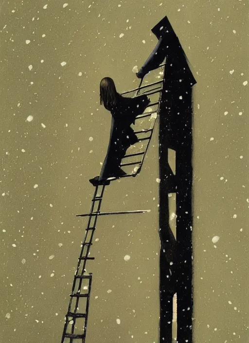 Image similar to woman in black suite climbing ladder to the hole in the sky, snowing night by Edward Hopper and James Gilleard, Zdzislaw Beksinski, Katsuhuro Otomo highly detailed
