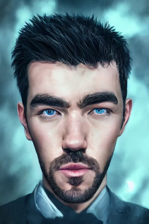 Image similar to a fancy portrait of Seán William McLoughlin, jacksepticeye by Sung Choi, Mitchell Mohrhauser, Maciej Kuciara, Johnson Ting, Maxim Verehin, Peter Konig, 8k photorealistic, cinematic lighting, HD, high details, atmospheric,