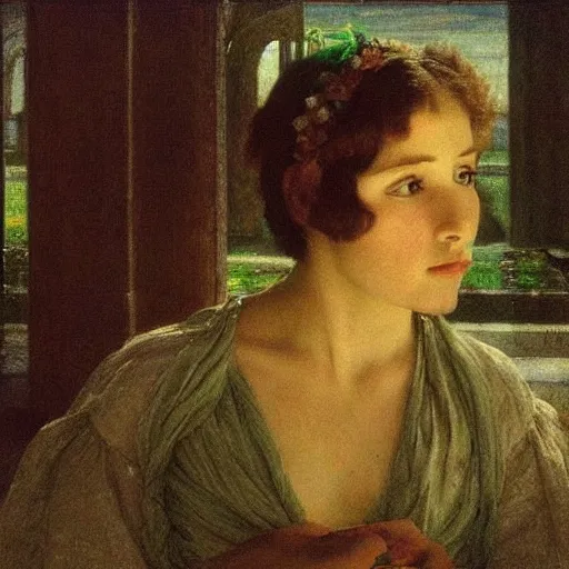 Prompt: reflections of a beautiful peasant girls face, film still by kubrick, depicted by herbert james draper, arnold bocklin, john willaim godward, sir lawrence alma - tadema. limited color palette, very intricate, highly detailed, minimalist