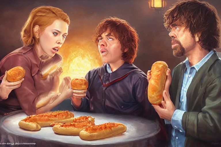 Image similar to portrait of peter dinklage sharing hotdogs with scarlett johansson, an oil painting by ross tran and thomas kincade