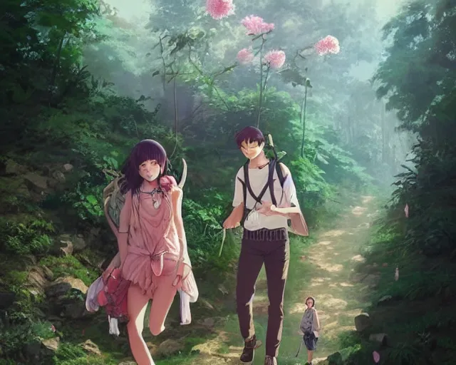 Image similar to a cinematic boy girl traditional romance moment of a group of university friends hiking wearing boho clothing and peonies, full body illustration,bestselling movie art poster, official media, 1970s fashion, official anime media, incredible art by artgerm and greg rutkowski and doja cat