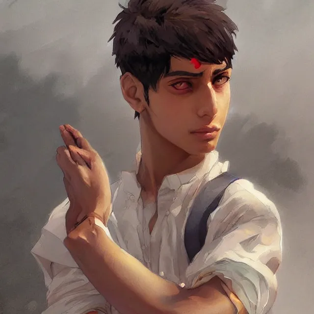 Image similar to tan skinned pakistani boy as an anime protagonist, elegant, intricate, digital painting, artstation, concept art, smooth, sharp focus, illustration, art by konstantin korovin and daniel f. gerhartz and john howe