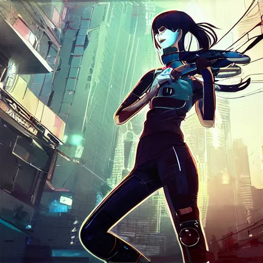 Image similar to Frequency indie album cover, luxury advertisement, white and navy colors. highly detailed post-cyberpunk sci-fi close-up detective mercenary cyborg girl in asian city in style of cytus and deemo, mysterious vibes, by Ilya Kuvshinov, by Greg Tocchini, nier:automata, set in half-life 2, beautiful with eerie vibes, very inspirational, very stylish, with gradients, surrealistic, dystopia, postapocalyptic vibes, depth of filed, mist, rich cinematic atmosphere, perfect digital art, mystical journey in strange world, beautiful dramatic dark moody tones and studio lighting, shadows, bastion game, arthouse