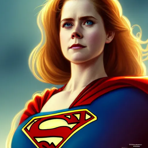 Image similar to beautiful Amy Adams as Superman, western, closeup, D&D, fantasy, intricate, elegant, highly detailed, digital painting, artstation, concept art, matte, sharp focus, illustration, art by Artgerm and Greg Rutkowski and Alphonse Mucha