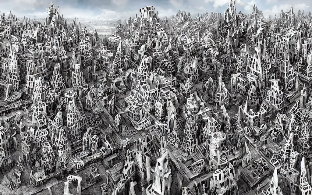 Prompt: A city constructed entirely from bone, bone city, jagged architecture, digital art