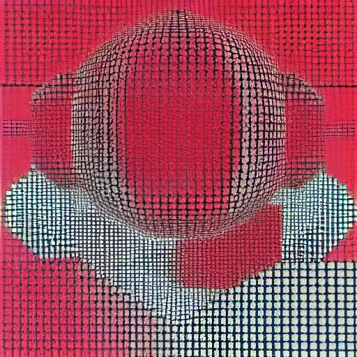 Prompt: chrome spheres on a red cube by victor vasarely