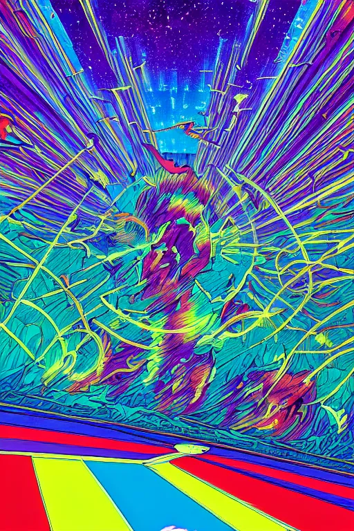 Image similar to comic art of a fluorescent 3 one-point perspective iridescent rainbow fragmentation+smoke+cloud corridors gridded with paintings containing the outside of a galactic dimension vortex , by dan mumford and moebius and brock hofer, tarot card style background, 4k HD, artstation HD