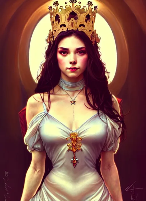 Image similar to rolyatistaylor as queen, incredibly detailed face, pretty face, light dress, true anatomy, art by artgerm and greg rutkowski and alphonse mucha