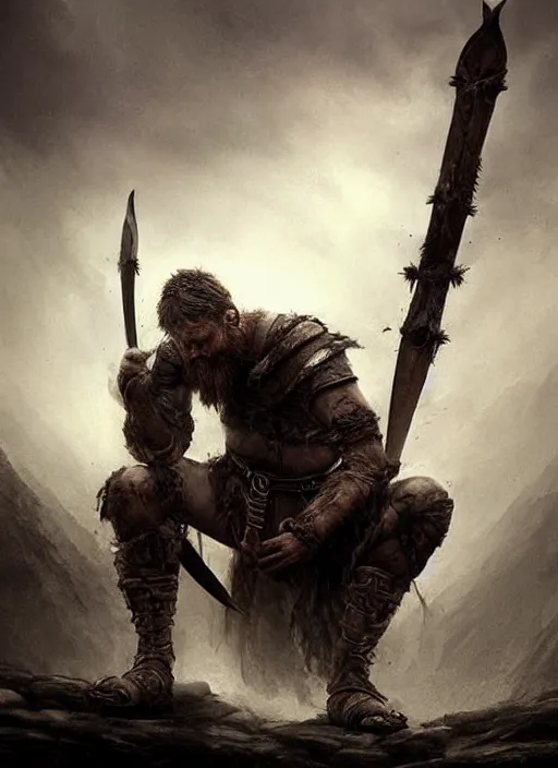 Image similar to aesthetic digital illustration of a defeated viking warrior on his knees by anne stokes, greg rutkowski, and brian belle din | dirty and bloody, concept art, character concept, matte background. unreal engine, finalrender, centered, deviantart, artgerm