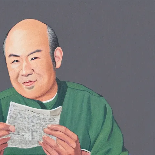 Image similar to painting of a japanese balding man with gray hair, holding a newspaper and looking up at his room with green hue