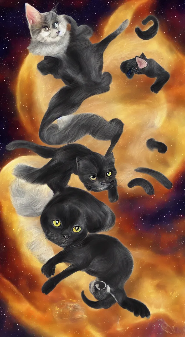 Prompt: black cat riding blond chiweenie through space, detailed, digital painting