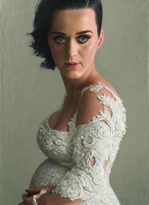 Image similar to cinematic portrait of pregnant katy perry in a white dress, intricate, elegant, by alyssa monks, highly detailed, smooth, sharp focus symmetrical face, fine details, masterpiece, trending on artstation