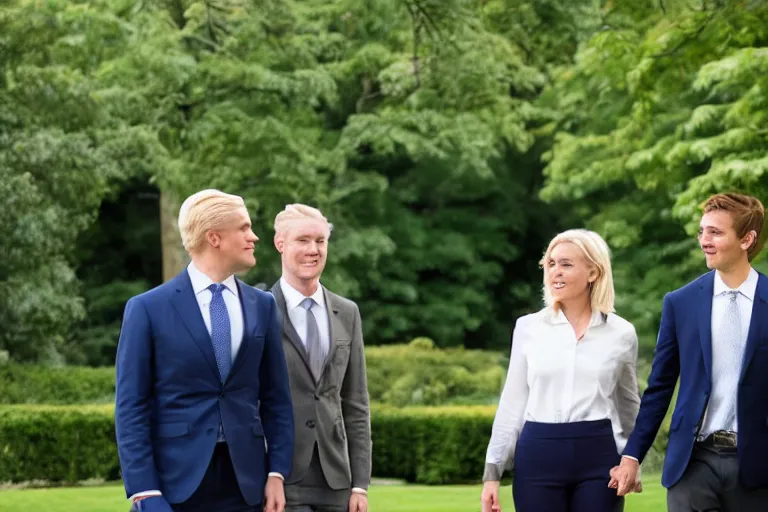 Prompt: beautiful confident smug thirtysomething blonde female president wearing suit alone in the white house rose garden with her two attractive boyfriends, holding hands, photograph, dslr, bokeh, romantic, campaign ad