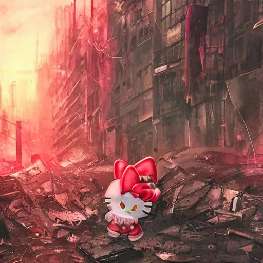 Image similar to hello kitty drenched in blood in a post - apocalyptic dystopian destroyed cityscape, digital art, artstation, high resolution