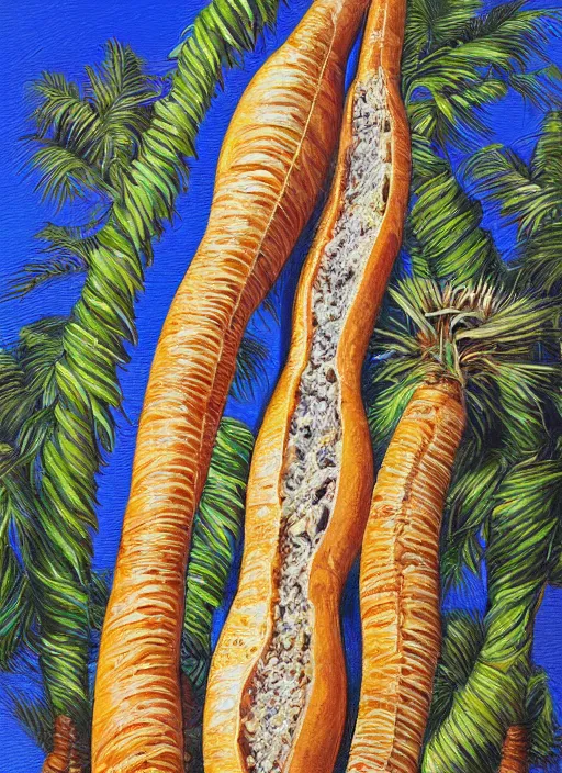 Prompt: baguettes grow instead of bananas on a palm tree, intricately detailed acrylic painting