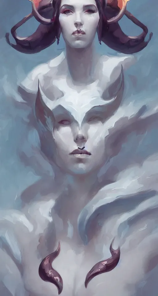 Image similar to a digital painting of a woman with horns on her head, concept art by peter mohrbacher, featured on cgsociety, fantasy art, cosmic horror, artstation hd, dark and mysterious