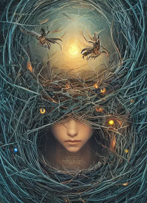 Image similar to nest on human head, nest like a wreath, cruelty, black crows, light effect, hyper detailed, intricate, elegant, highly detailed, digital painting, artstation, concept art, matte, sharp focus, illustration, by dan mumford, yusuke murata, makoto shinkai, ross tran