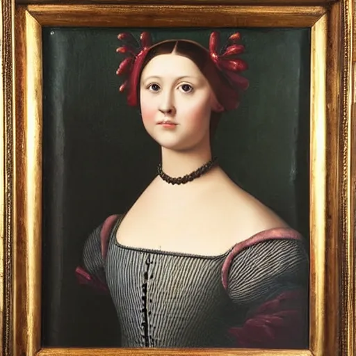Image similar to Renaissance oil painting full head portrait pretty young lady, dark hair, pink cheeks, grey and white dress