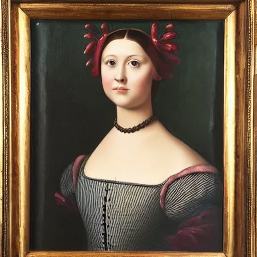 Prompt: Renaissance oil painting full head portrait pretty young lady, dark hair, pink cheeks, grey and white dress