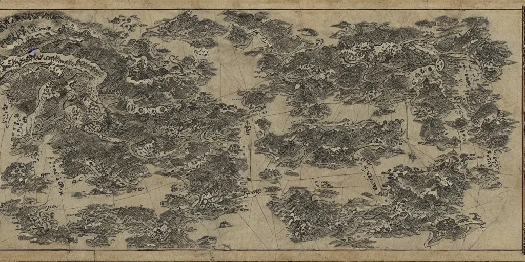 Prompt: ancient map of a fantasy japanese land, hand drawn, hyperrealistic, hd 4 k, artstation