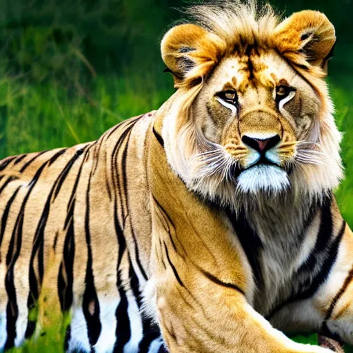 Image similar to a hybrid of a lion and a tiger, bright white