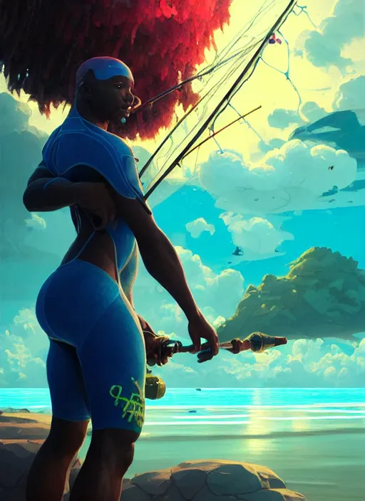 Image similar to portrait of a jamaican fisherman sci - fi glowing fishing armor muscular cyberpunk intricate elegant highly detailed digital painting artstation concept art, ocean background, jamaican colors, cinematic, greg rutkowski, loish, rhads, ferdinand knab, makoto shinkai and lois van baarle, ilya kuvshinov, rossdraws, tom bagshaw