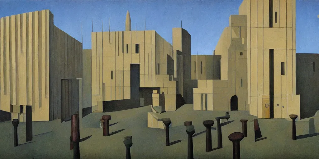 Image similar to brutalist architecture, fantastical courtyard, grant wood, pj crook, edward hopper, oil on canvas