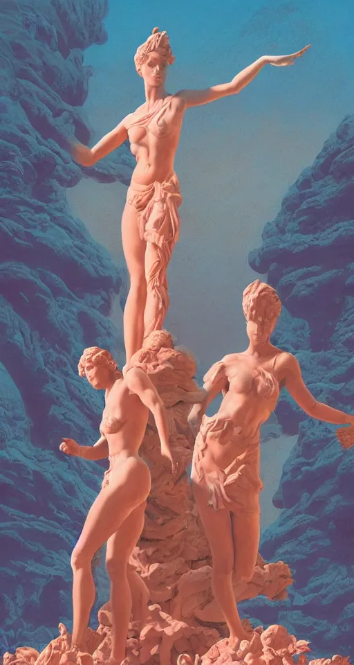 Prompt: digital painting of tiny people standing at the base of a greek sculpture a beautiful massive female statue surrounded by dreamy coral, syd mead, moebius, concept art, minimalist, golden ratio