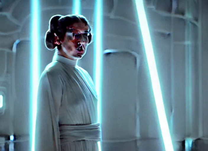 Image similar to portrait of Princess Leia alone at Jedi Temple scene from the last jedi, 2022, film by Stanley Kubrick, 4k serene, iconic , photoreal Carrie fischer, detailed stunning cinematography, hyper detailed, sharp, anamorphic lenses, kodak color film