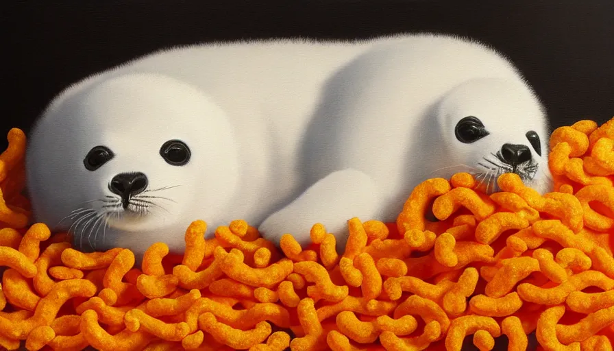 Image similar to highly detailed painting of cute furry white baby seals cuddling up in a big pile of wotsits and cheetos by william turner, thick brush strokes and visible paint layers, 4 k resolution