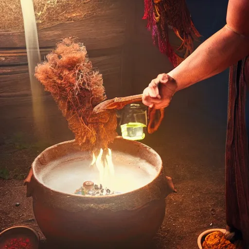 Prompt: a shaman preparing a magic decoction in a dreamy atmosphere, 4 k, 3 d, photo