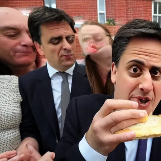 Image similar to Labour Leader Ed Miliband smelling an onion sandwich. Unpleasant aroma, sour face. Photo courtesy of BBC