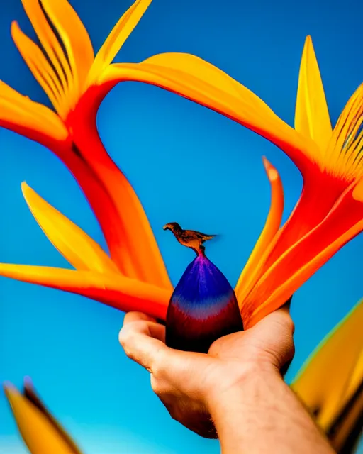 Image similar to hyperrealistic veiny human hands holding Birds of Paradise flowers dali robert steven connett dramatic orange light 8k low angle shallow depth of field