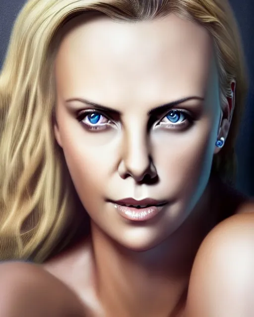 Prompt: charlize theron, photo, ultra detail, photoreal, professionally retouched, soft moonlight lighting, shiny plastic bikini, realistic, smooth face, goddess, luscious lips, perfect eyes, wide angle, sharp focus on eyes, 8 k high definition, insanely detailed, intricate, elegant, art by artgerm and wlop